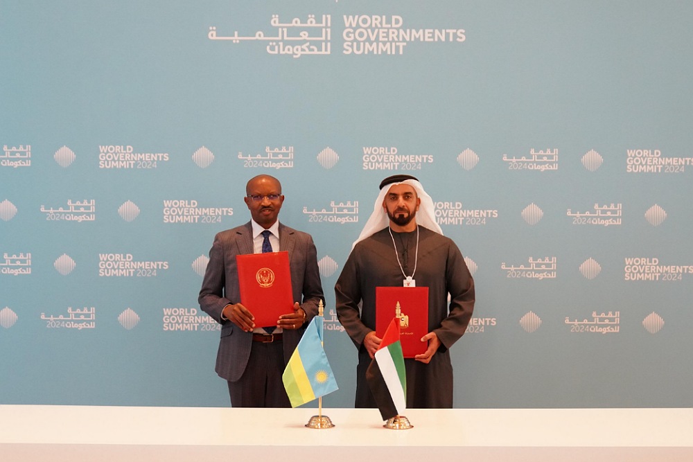 During the World Government Summit 2024...Saif bin Zayed and the Minister of the Interior of the Republic of Rwanda sign a memorandum of understanding in the security fields between the two countries